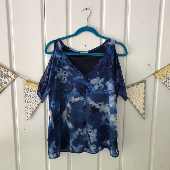 Milano Blue Watercolor Chiffon Cold Shoulder Top - Picture 4 of 8